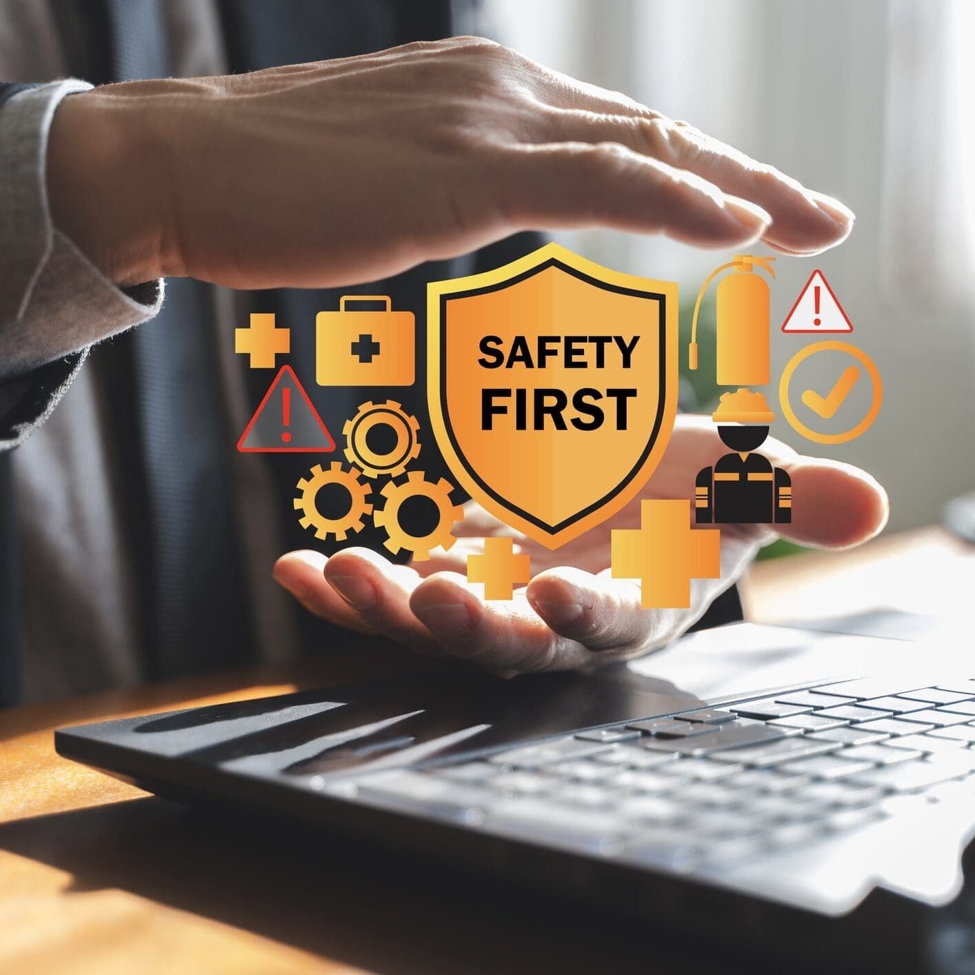 Hands protecting safety symbols above laptop.